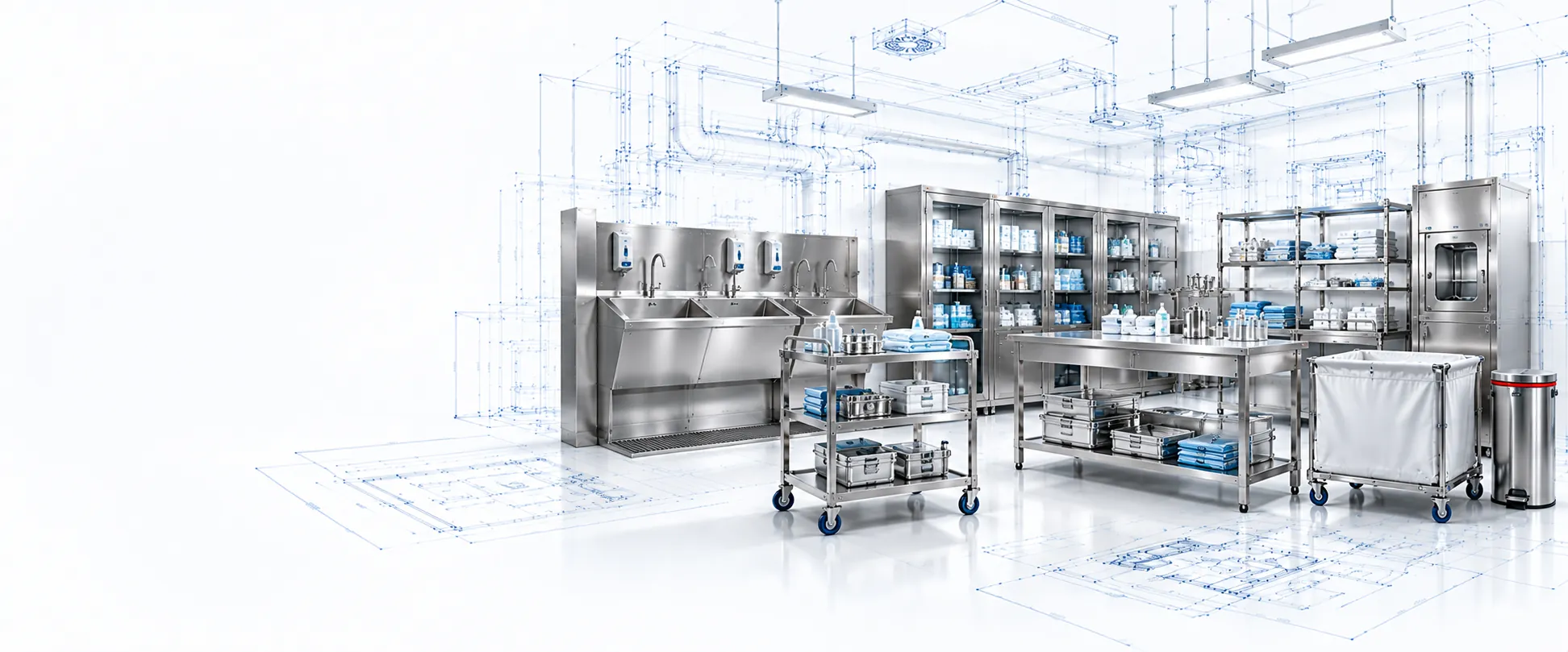 Hospital stainless steel room with scrub sinks, glass-door cupboards, instrument trolley, workstation table, shelving, linen trolley and pedal bin